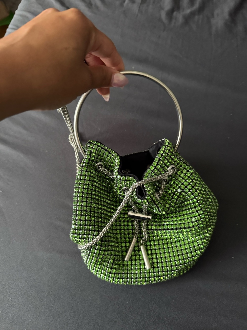 Green Rhinestone Ring-Handle Bucket Bag